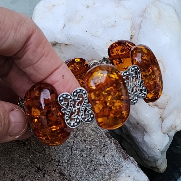Bracelet Resin Amber Honey Cognac Tone Silver Stretchy Lithuanian Ethnic - Picture 12 of 13